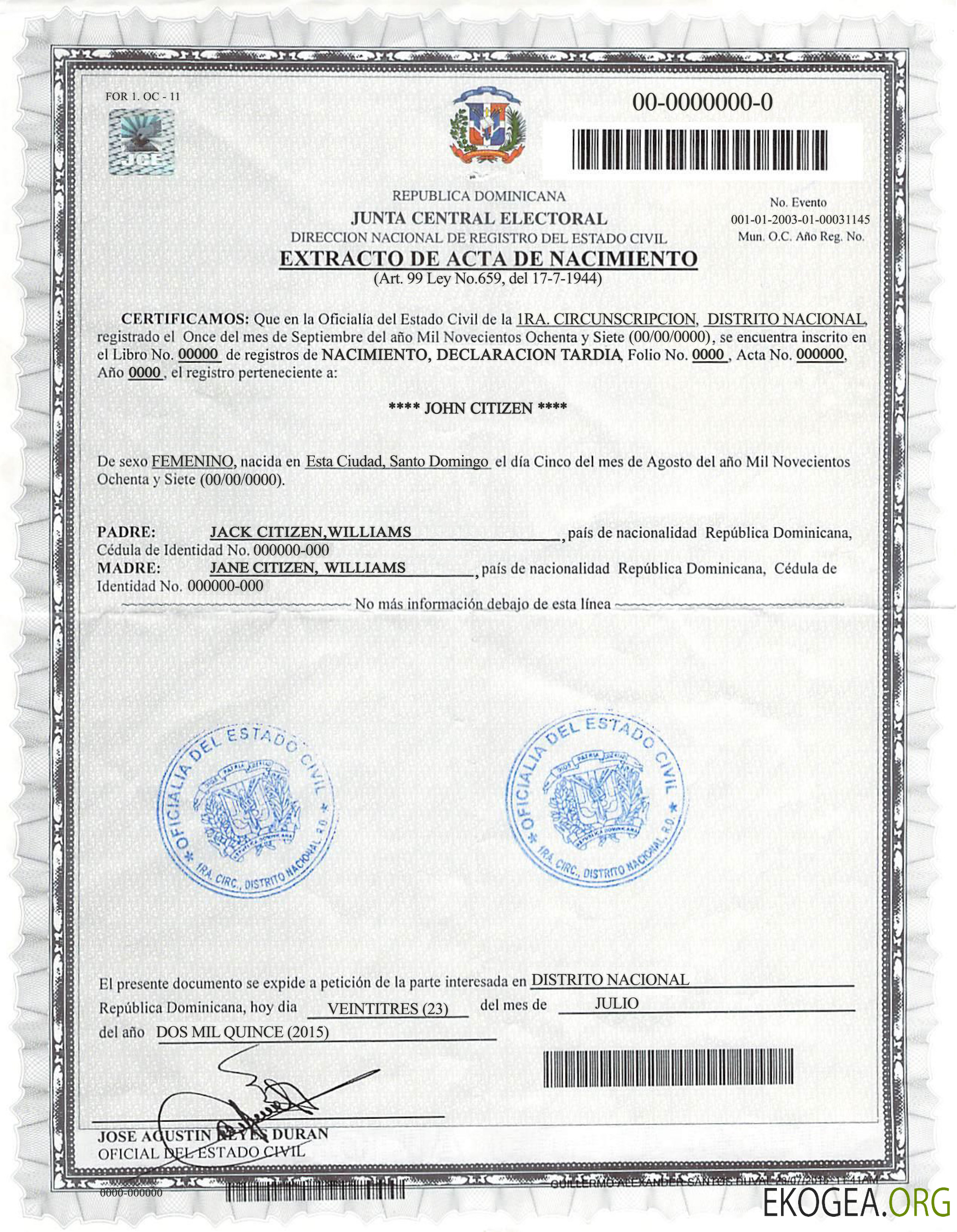 Acte de naissance DOMINICANA